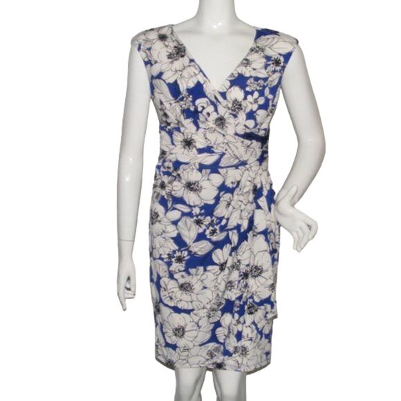 CHAPS Dress, PM/Petite, Blue Floral, Gathered Hip, Sleeveless, Pullover - Picture 1 of 11